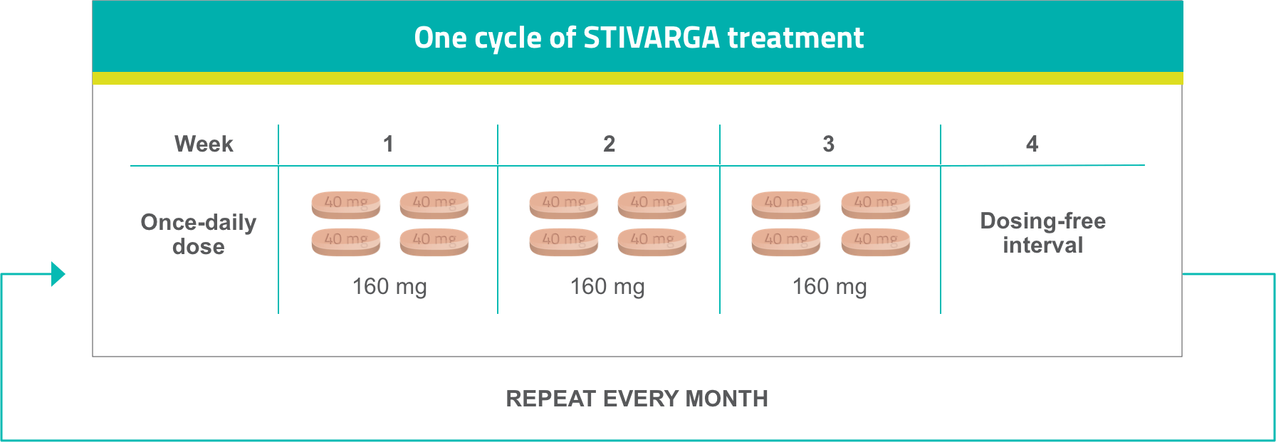 Table on one cycle of STIVARGA® (regorafenib) treatment. Once-daily dose of 160 mg (4 tablets) for 3 weeks, followed by dosing-free interval.