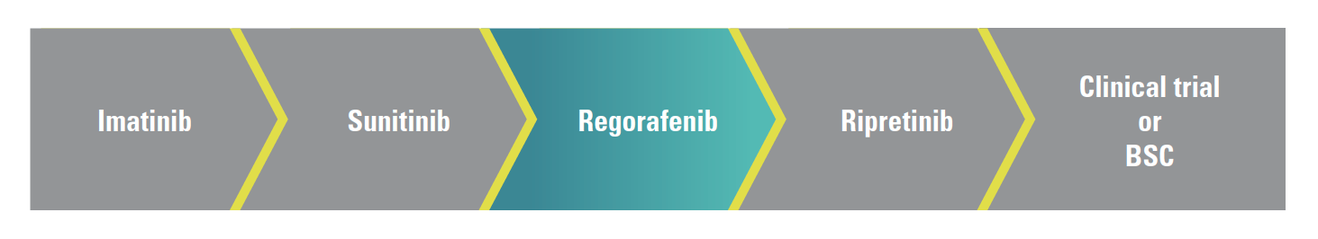 Potential treatment algorithms for STIVARGA® (regorafenib) patients: Imatinib, Sunitinib, Regorafenib, Ripretinib, Clinical trial or BSC.