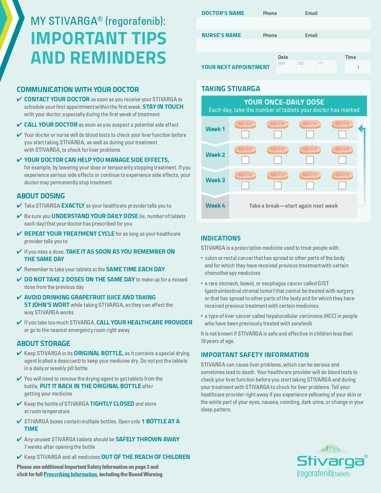 Downloadable STIVARGA® (regorafenib) Nurse-Patient Treatment Tools
