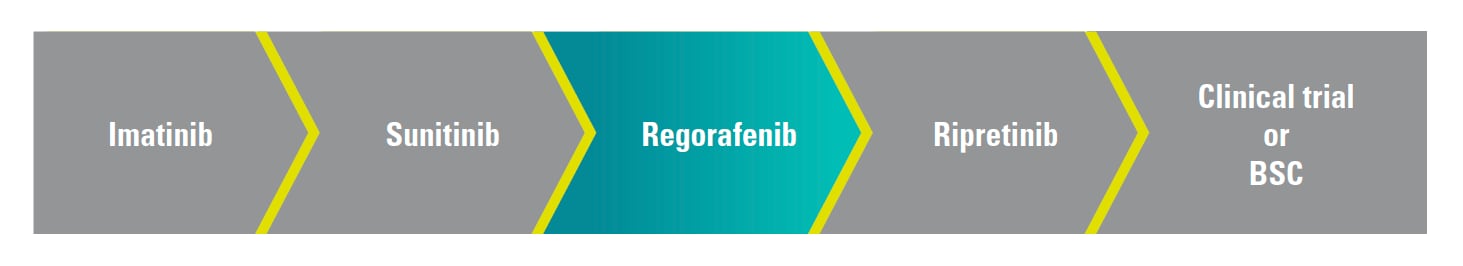 Potential treatment algorithms for STIVARGA® (regorafenib) patients: Imatinib, Sunitinib, Regorafenib, Ripretinib, Clinical trial or BSC.