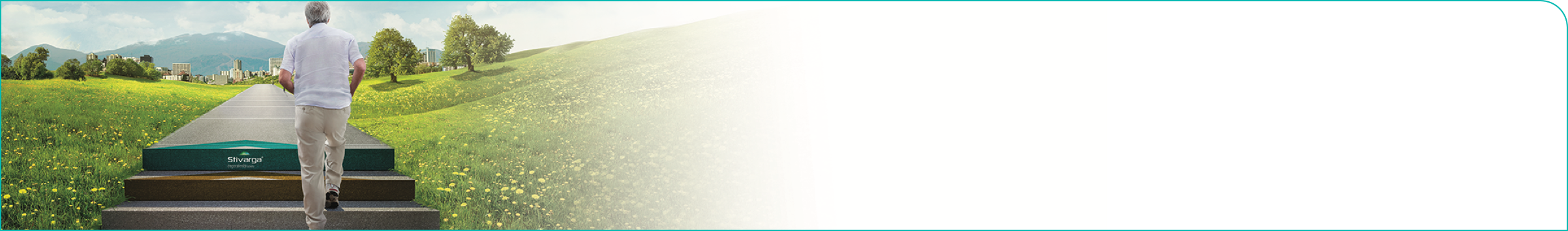 Man is walking up three steps in a flower-filled meadow. The last step has a STIVARGA (regorafenib) logo on it.